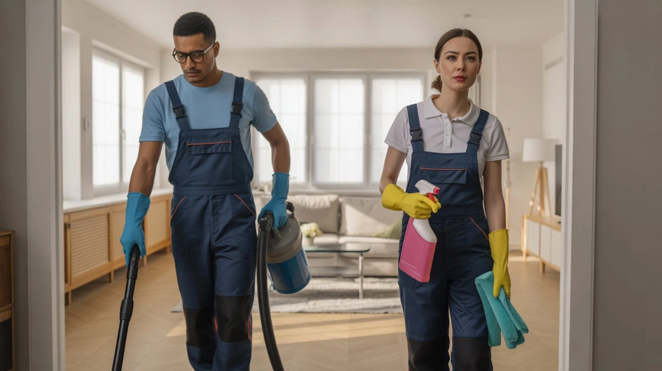 Reinigungsteam bei der Umzugsreinigung einer Wohnung – Symbolbild für Durchschnittspreise Umzugsreinigung.