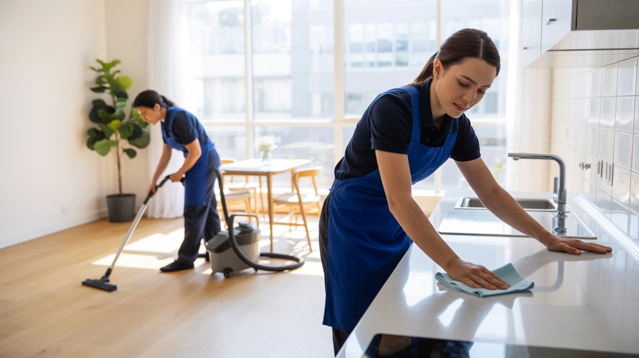 Reinigungsteam arbeitet gründlich in einer modernen Wohnung – Vergleich zwischen Umzugsreinigung und regelmäßiger Reinigung.