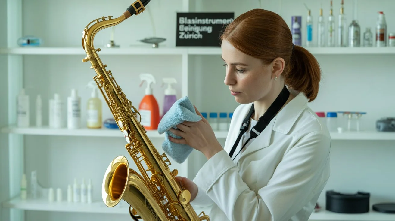 Musiker bei der Blasinstrument Reinigung in Zürich mit professionellen Werkzeugen für sauberen Klang und lange Lebensdauer.