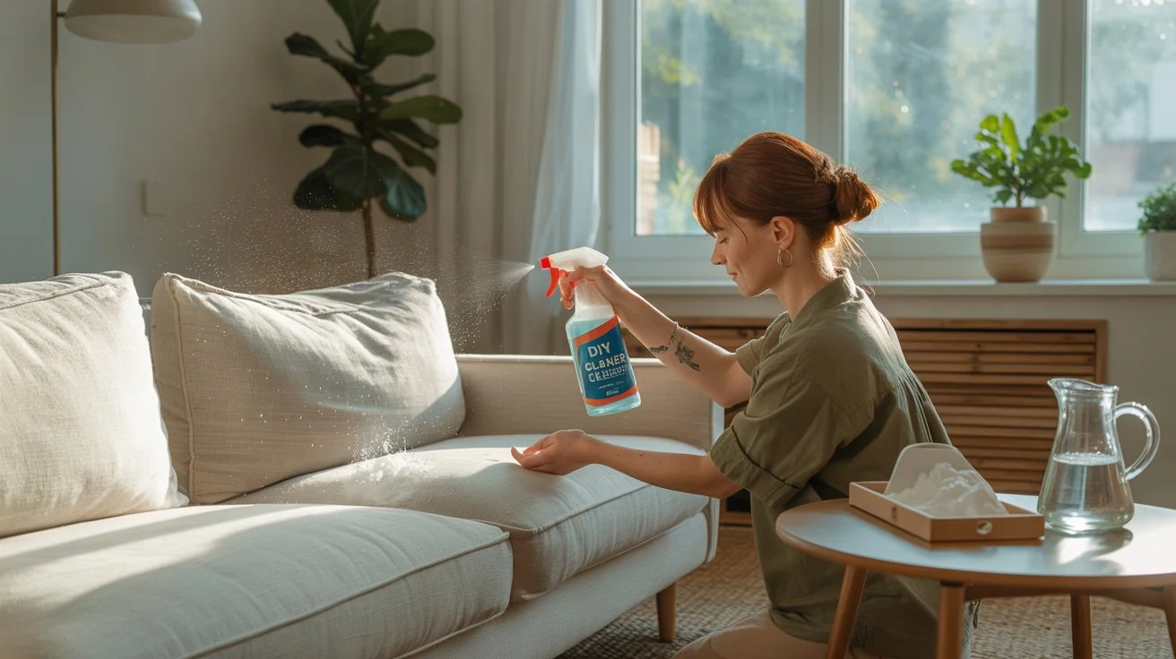 DIY-Sofa-Reinigung mit Hausmitteln – ein helles Wohnzimmer mit Sofa, Backpulver und Essig-Wasser-Spray für frische Polster.