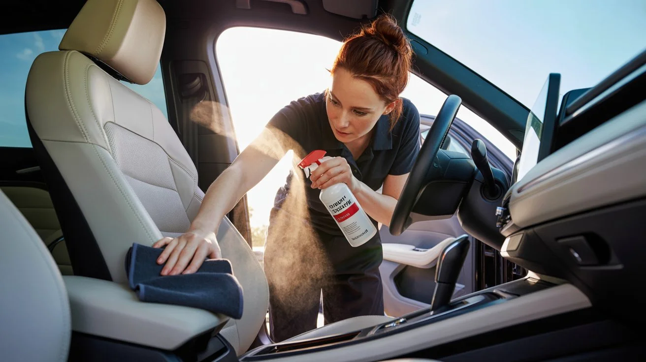 Autositze reinigen mit Sprühflasche und Mikrofasertuch im Auto