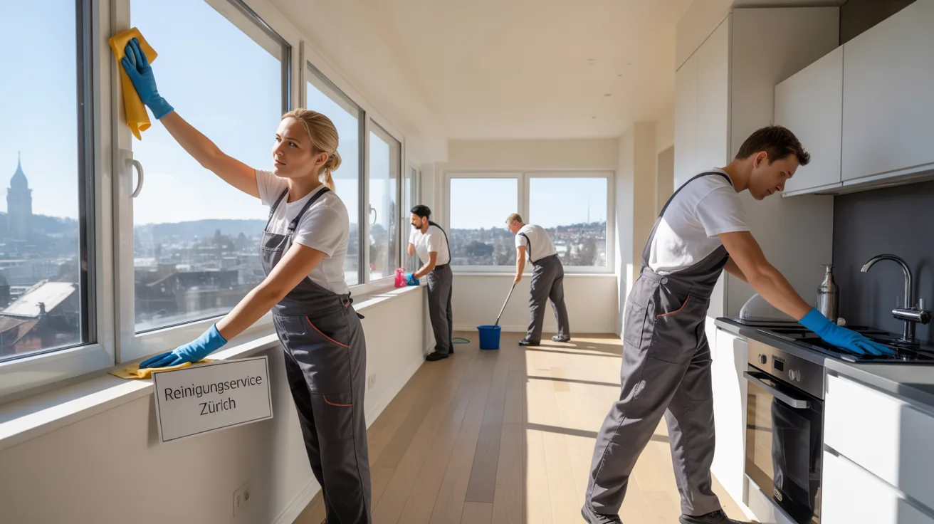 Endreinigung Kosten in Zürich – professionelles Reinigungsteam von Zuericlean beim Fenster- und Bodenputzen für eine bezugsfertige Wohnung.