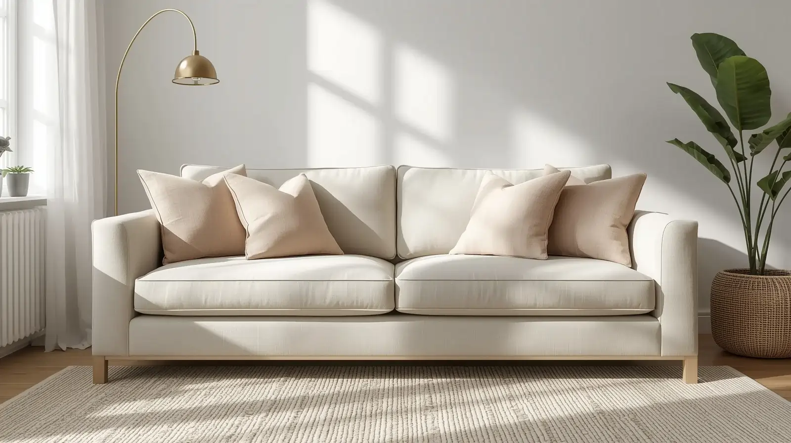 Sofa-Pflege nach Reinigung mit Schutzbezügen im modernen Wohnzimmer