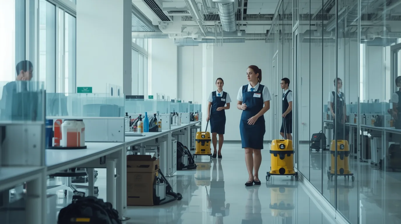 Professionelles Büro Reinigungsunternehmen sorgt für saubere und hygienische Arbeitsplätze.