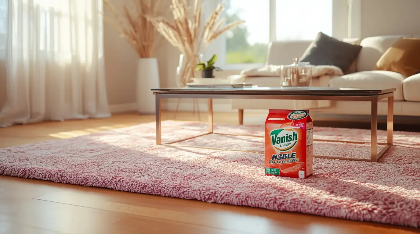 Wohnzimmer mit sauberem Teppich nach Anwendung von Trockenreinigungspulver für Teppiche – Vanish, Host, Classic.