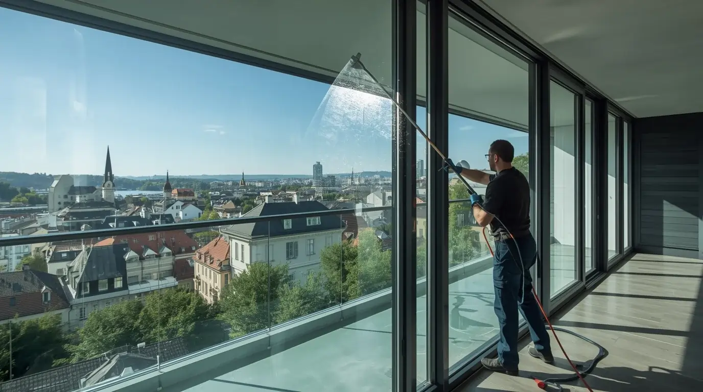 Professionelle Fensterreinigung Zürich – streifenfreie Glasreinigung mit Aussicht auf die Stadt