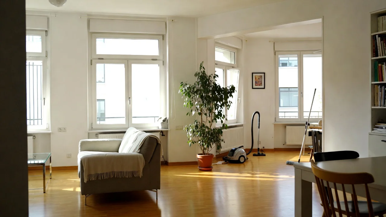 Frisch geputztes Zürcher Wohnzimmer im Frühling, vorbereitet auf die Winter-zu-Frühling-Grundreinigung mit sauberem Boden, ordentlichen Möbeln und professionellem Reinigungsteam.