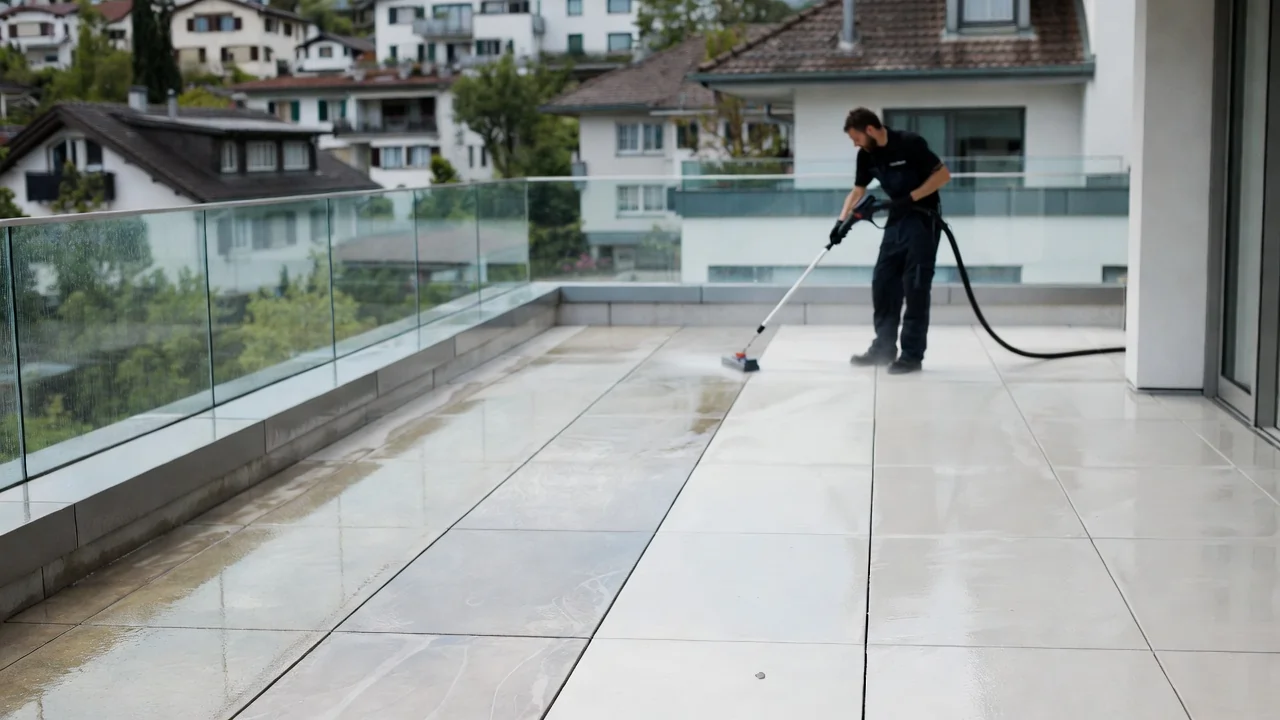 Professionelle Terrassenreinigung Zürich mit sichtbarem Vorher-Nachher-Effekt auf einer modernen Steinterrasse.