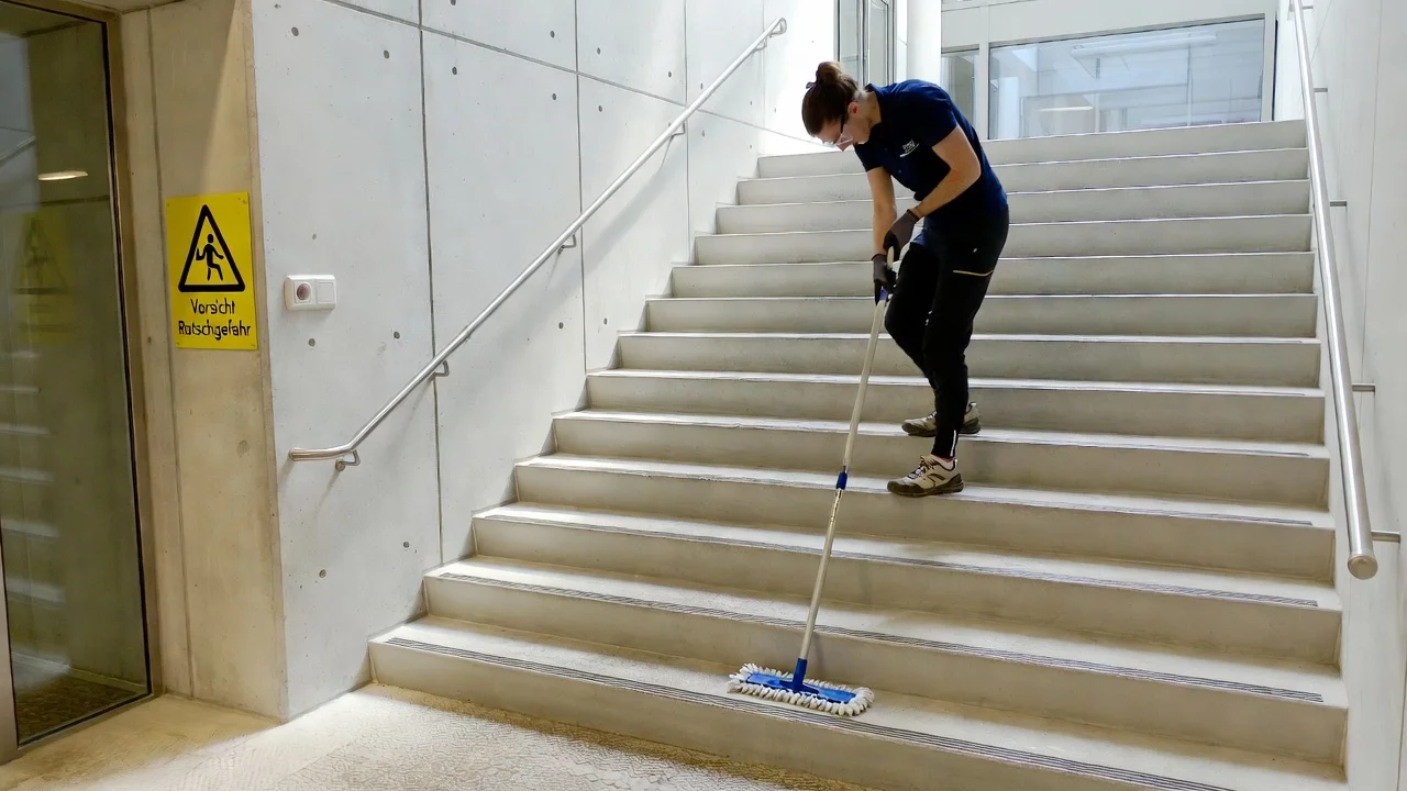Professionelle Treppenreinigung in stark frequentierten Gebäuden mit Sicherheitsmaßnahmen und sauberem Innenbereich.