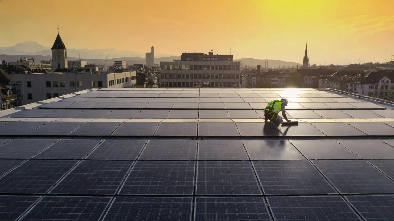Techniker reinigt mit Sicherheitsausrüstung Solarmodule auf einem Dach in Zürich, saubere Module reflektieren das Sonnenlicht, moderne Skyline und Berge im Hintergrund, veranschaulicht die Wartung und Effizienz von Solarmodulen.
