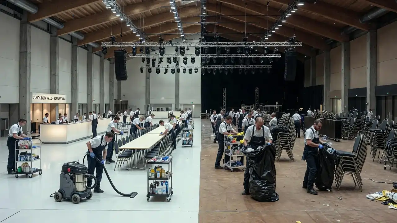 Vor- und Nach-Event-Reinigung in einem modernen Zürcher Veranstaltungsort: Reinigungsteam bereitet den Veranstaltungsort vor und nach Events professionell vor