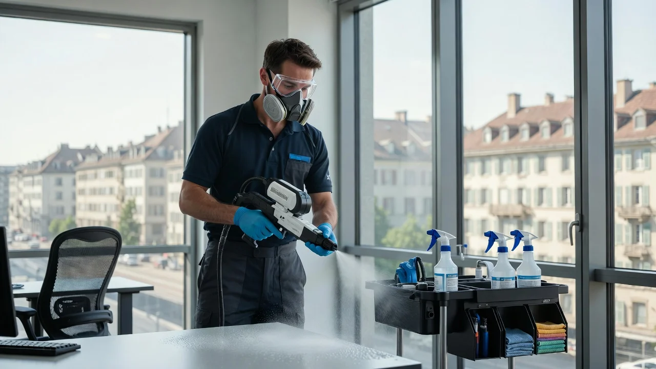 Professionelle Desinfektion in einem modernen Büro in Zürich mit elektrostatischem Sprühgerät zur Desinfektion von Arbeitsplätzen und häufig berührten Oberflächen