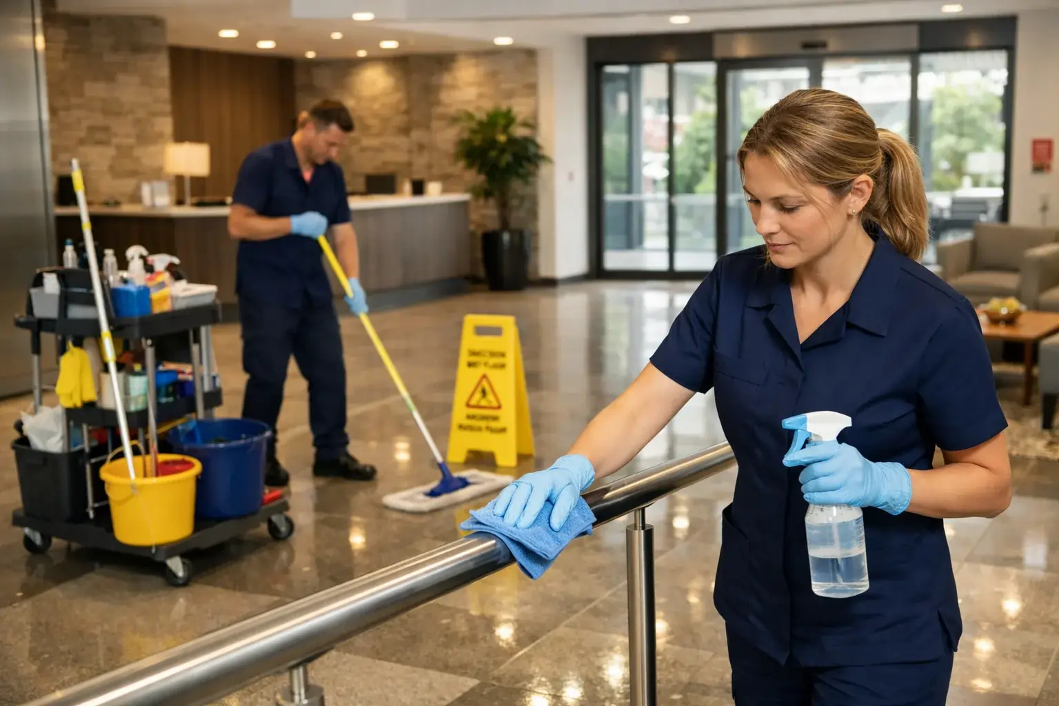 Professionelle Gebäudewartungsreinigung in einem modernen Wohn- oder Geschäftsgebäude, inklusive Reinigung von Eingängen, Handläufen und Böden.