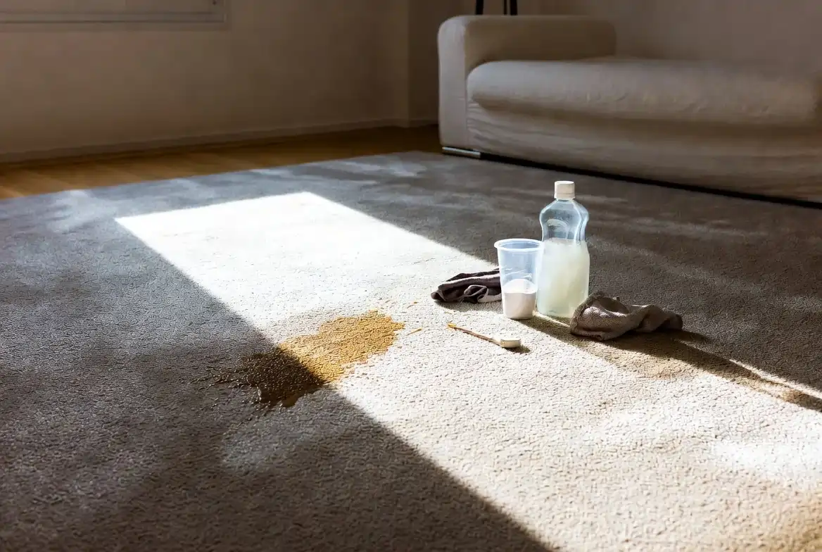 Professionell gereinigter Teppich in einem modernen Wohnzimmer in Zürich mit Reinigungsmitteln wie Essig, Backpulver und Tüchern