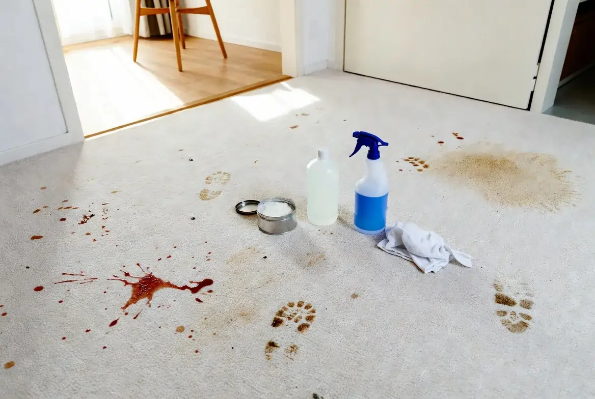 Teppichflecken entfernen mit Hausmitteln wie Essig, Backpulver und Spülmittel bei Wein-, Kaffee- und Schmutzflecken.