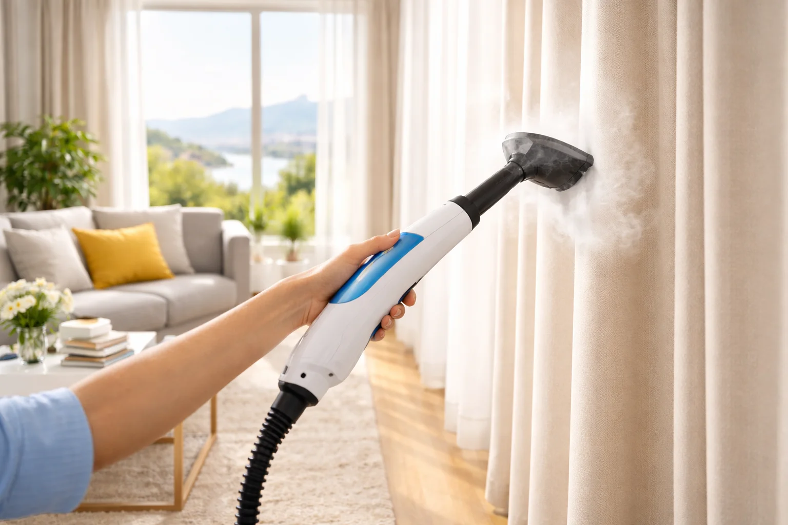 Vorhänge dampfreinigen in einer modernen Wohnung Dampfreiniger entfernt Staub, Allergene und Gerüche schonend und chemiefrei.