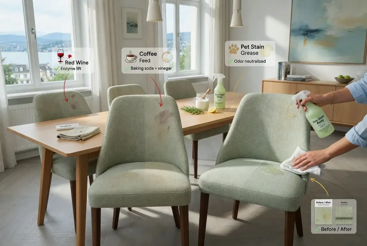 Stoffstühle reinigen in Zürich – Flecken entfernen auf Polsterstühlen mit Hausmitteln wie Essig, Spülmittel und Backpulver im hellen Esszimmer