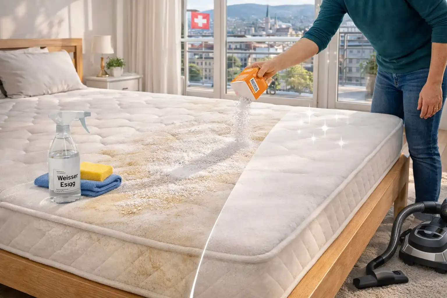Gebrauchte Matratze reinigen in Zürich – Matratzenreinigung mit Natron und Hausmitteln im modernen Schlafzimmer