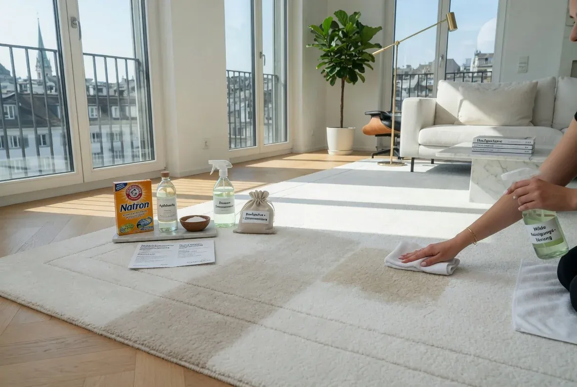 Weissen Teppich reinigen in Zürich mit Hausmitteln und schonender Fleckenbehandlung im modernen Wohnzimmer