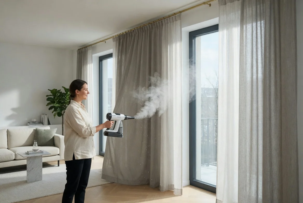 vorhänge mit dampf reinigen handdampfreiniger an hängenden gardinen moderne wohnung zürich reinigung