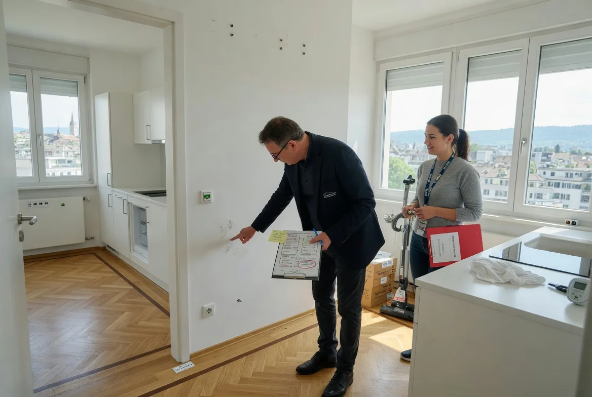 Wohnungsabnahme in der Schweiz mit Inspektor und Mieter in einer sauberen Zürcher Wohnung mit Parkettboden und Tageslicht
