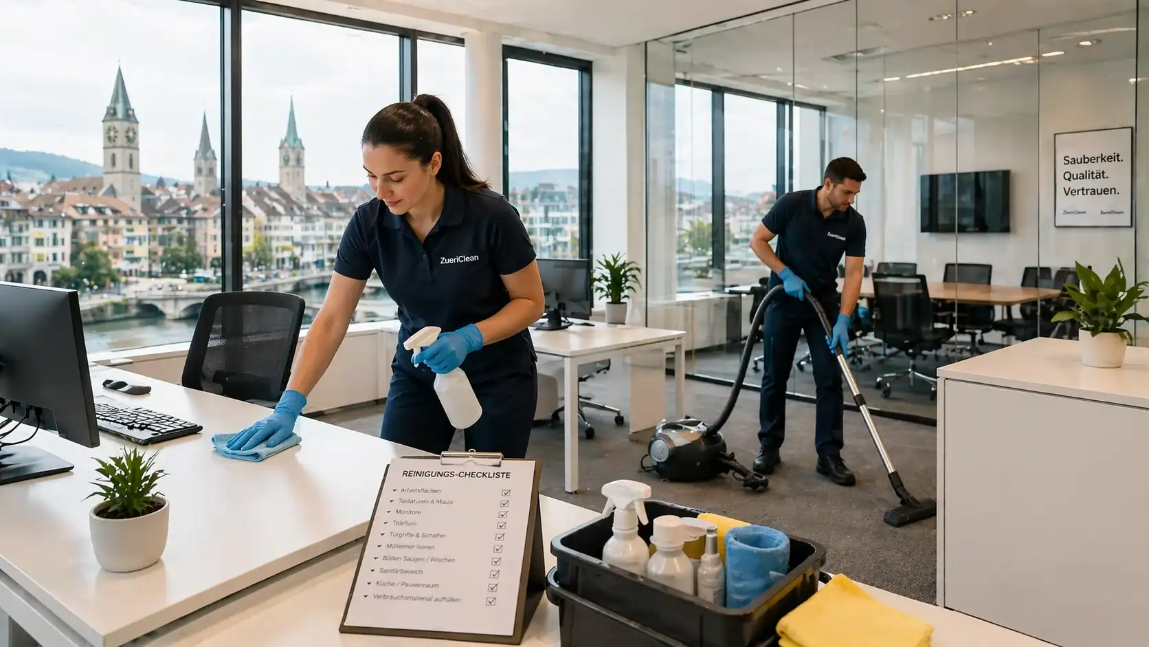 Bueroreinigung Zuerich professionelle Reinigungskraft reinigt modernes Buero Arbeitsplatz