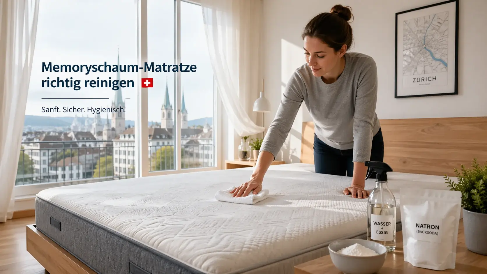 Memory-Foam-Matratze richtig reinigen in Zürcher Schlafzimmer mit Mikrofasertuch und Backpulver ohne Durchnässen