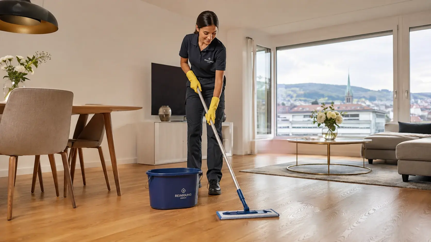 “Professionelle Parkettreinigung in einer Zürcher Wohnung mit gepflegtem Holzparkett und schonender Bodenpflege”