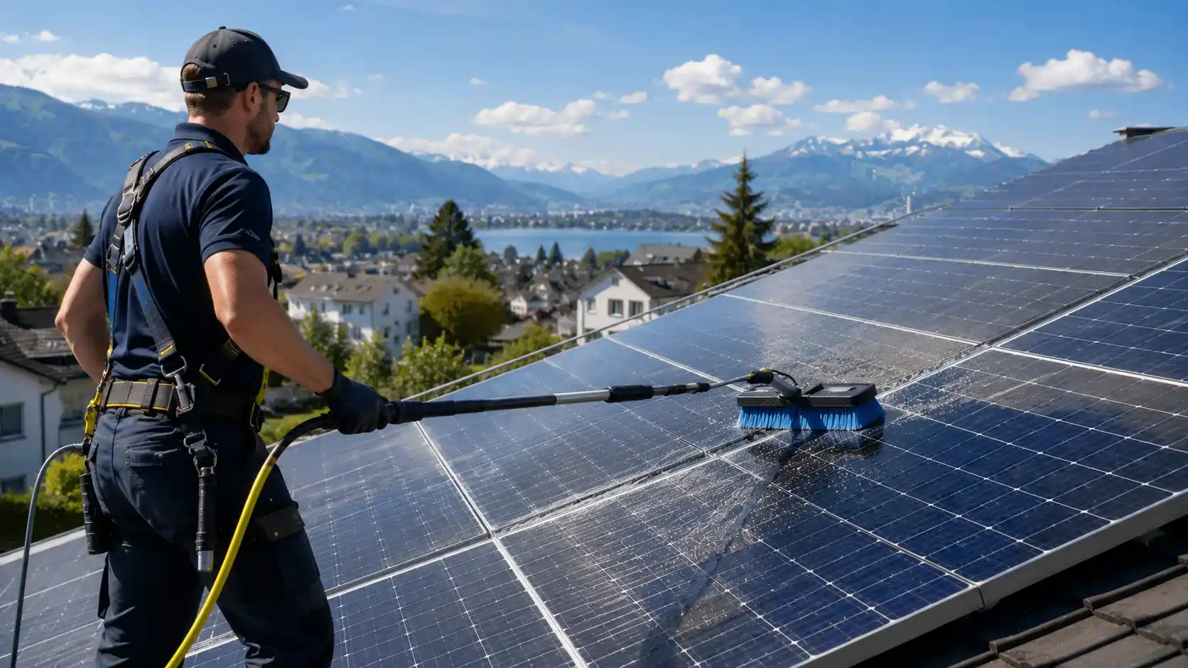 Solarpanel Reinigung Zuerich auf einer Photovoltaikanlage in der Schweiz zur Entfernung von Staub, Pollen und Schmutz fuer maximale Energieeffizienz und hoehere Solarertraege