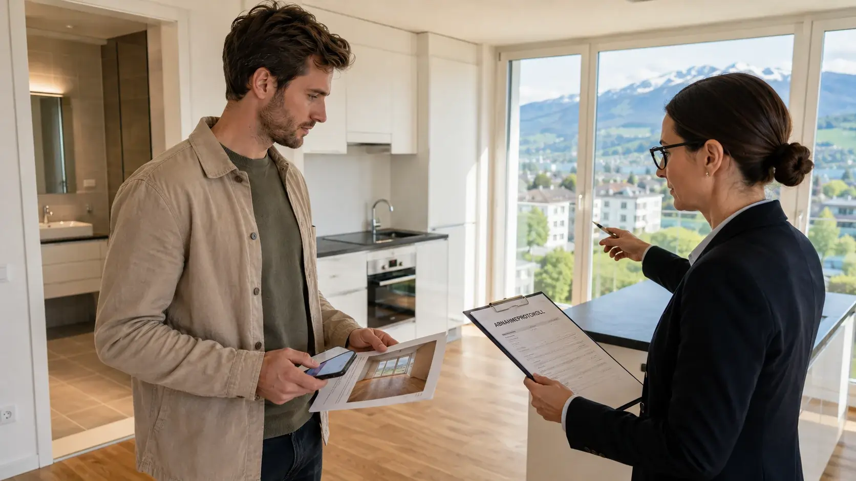 Gescheiterte Wohnungsabnahme in der Schweiz: Mieter prüft Abnahmeprotokoll und Einwände nach professioneller Endreinigung während der Wohnungsübergabe mit Verwaltung in moderner Wohnung