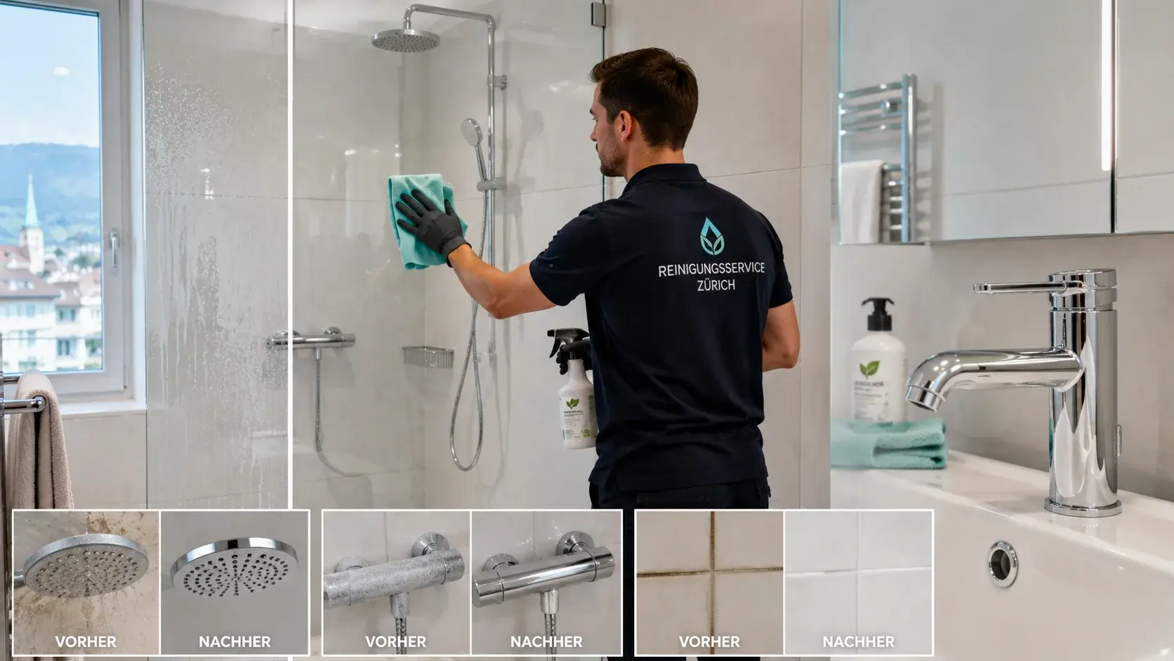 Badezimmerreinigung Schweiz und Endreinigung mit Kalkentfernung auf Duschglas, sauberen Fliesenfugen und professioneller Tiefenreinigung in Zuerich