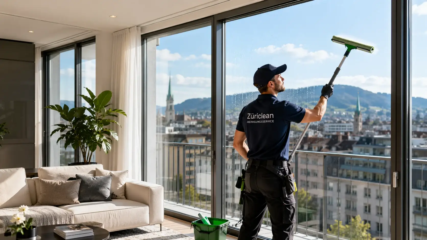 Professionelle Fensterreinigung in einer modernen Schweizer Mietwohnung in Zürich mit streifenfreien Fenstern, natürlichem Tageslicht und Blick auf die Stadt