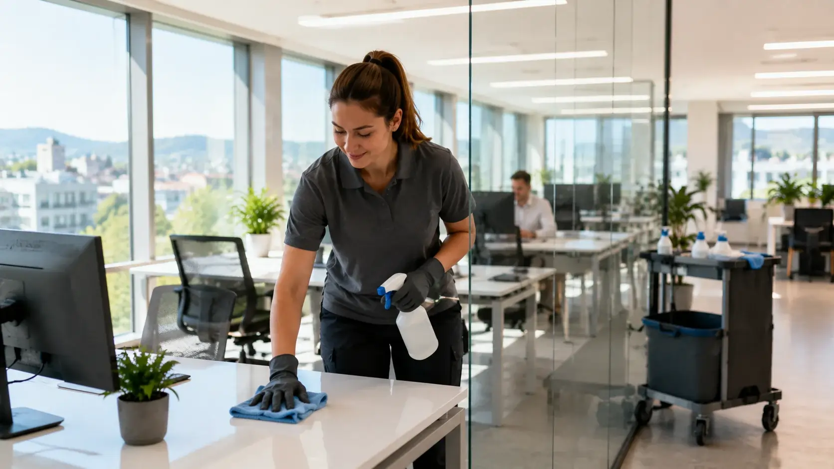 Professionelle Büroreinigung in einem modernen Schweizer Arbeitsplatz zur Einhaltung der ArG- und SECO-Hygienevorschriften