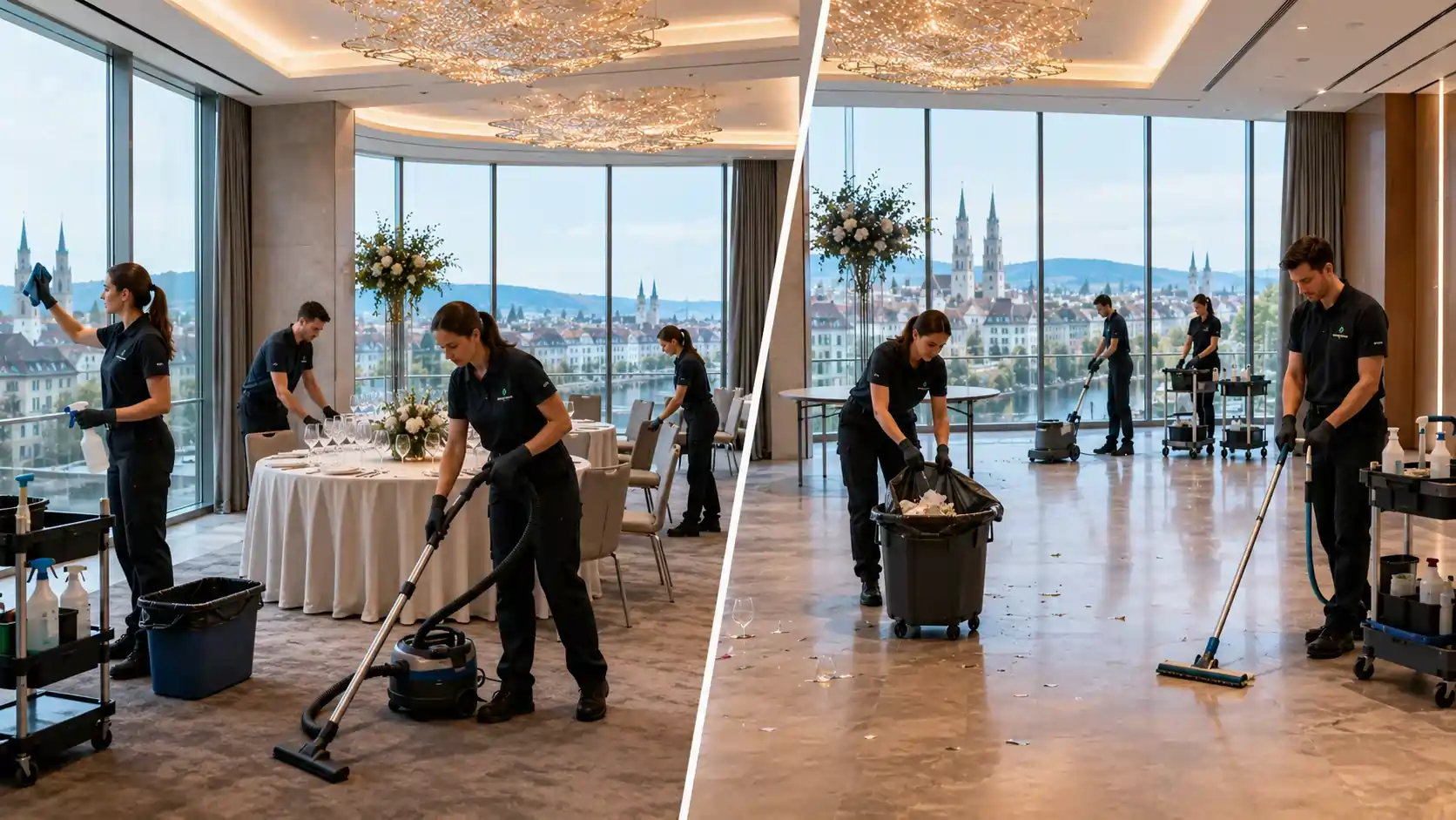 Professionelle Eventreinigung in Zürich mit Vorreinigung und Nachreinigung eines Veranstaltungsorts durch ein erfahrenes Reinigungsteam.
