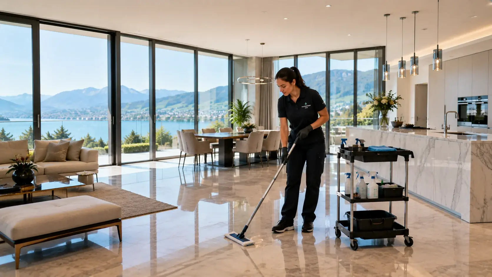 Professioneller Reinigungsservice im Kanton Zug bei der Reinigung einer hochwertigen Wohn- und Geschäftsliegenschaft nach Schweizer Premiumstandards.
