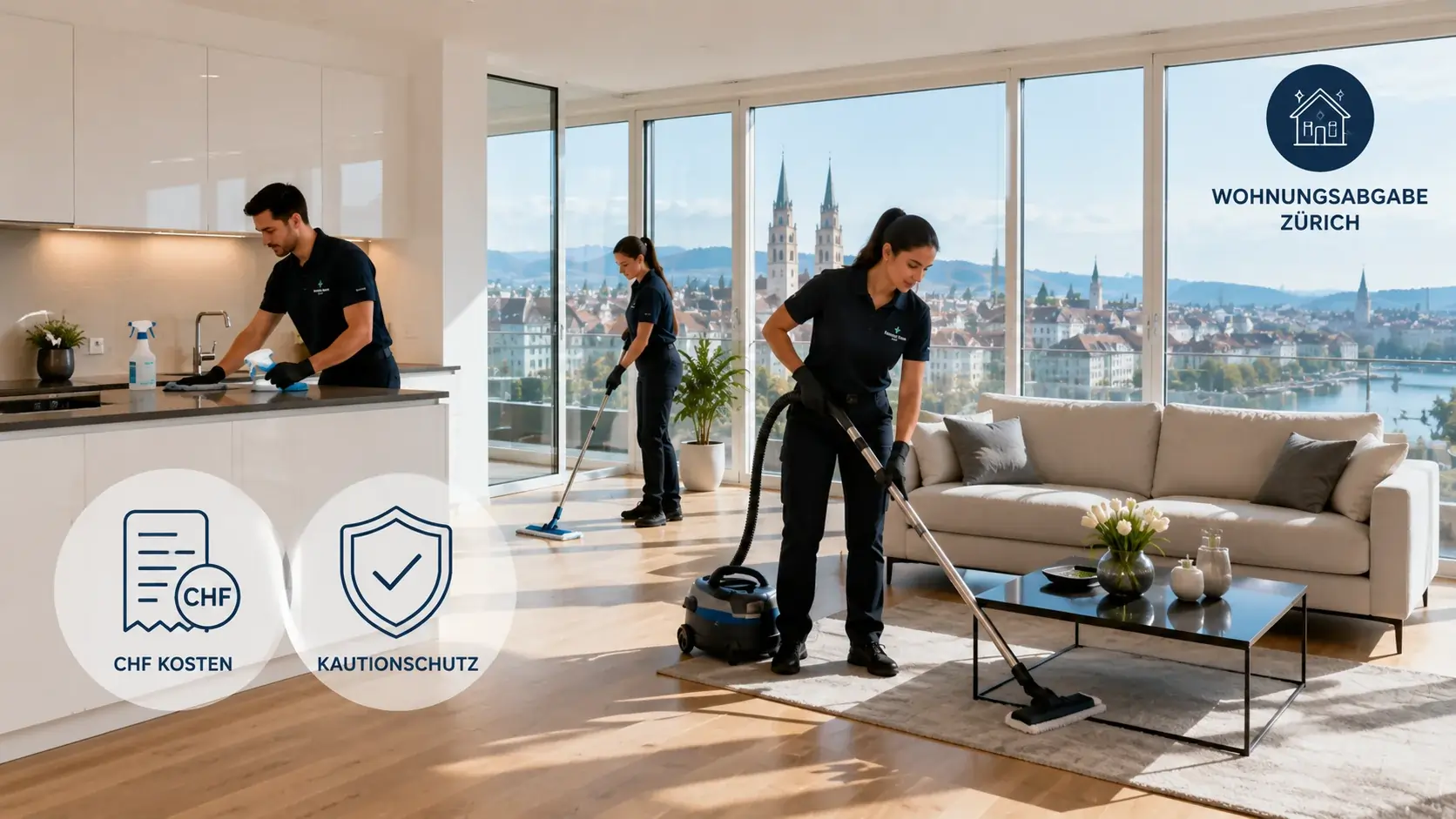 Professionelle Wohnungsabgabereinigung in einer modernen Zürcher Wohnung mit sauberer Küche, Wohnzimmer und vorbereitetem Übergabezustand