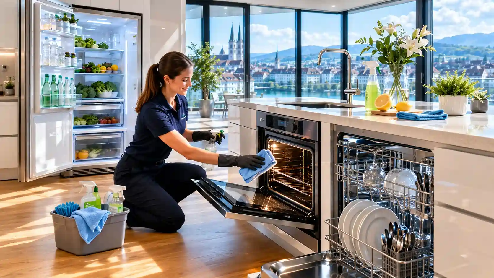 Gründliche Reinigung von Backofen, Kühlschrank und Geschirrspüler in einer modernen Schweizer Küche.