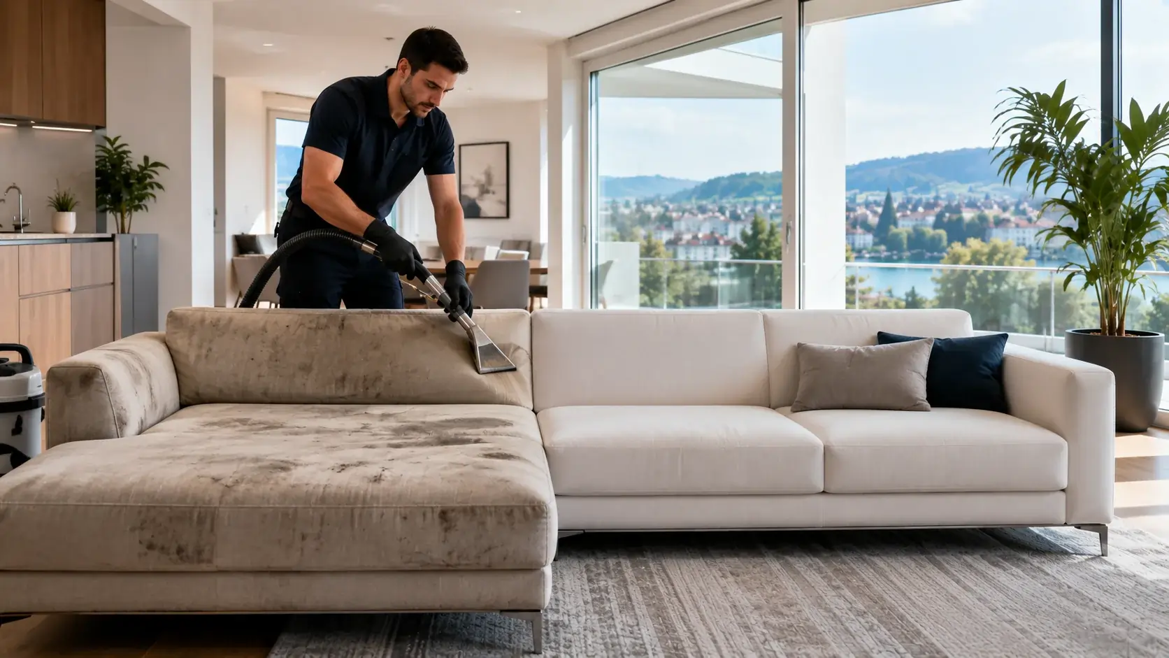 Professionelle Sofareinigung in einer Schweizer Wohnung – Reinigungstechniker reinigt ein Stoffsofa zur Entfernung von Allergenen, Flecken und tief sitzendem Schmutz.