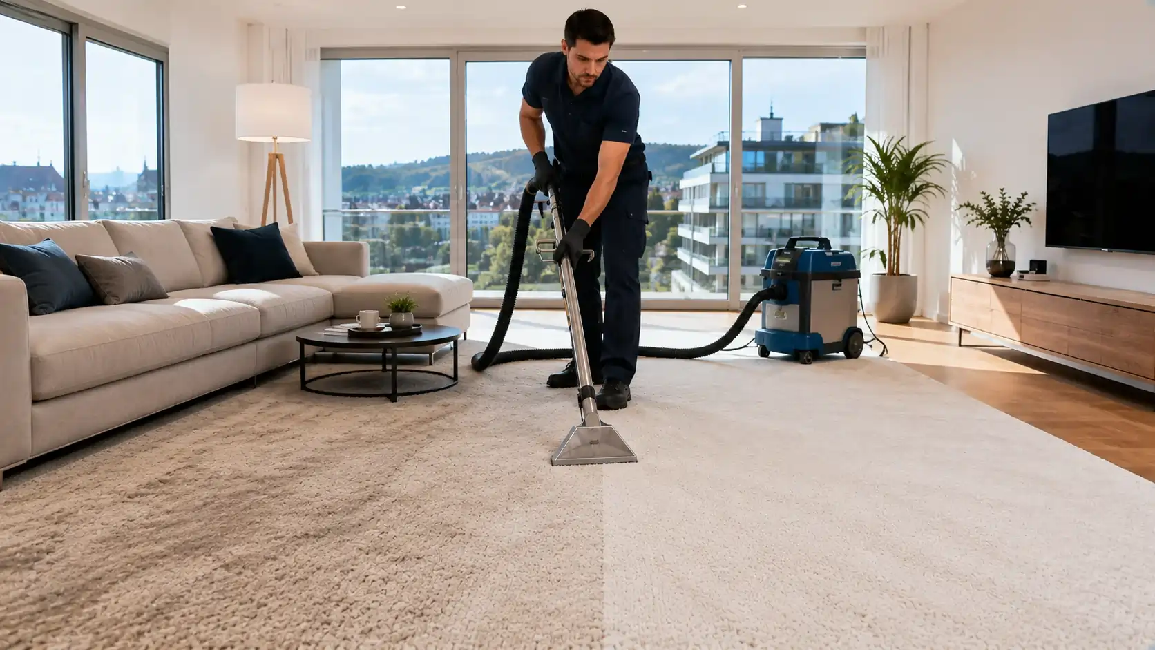 Professionelle Teppichreinigung in Zürich Ost: Reinigung eines Teppichs mit Heisswasserextraktion in einem modernen Wohnraum in Uster und Dübendorf