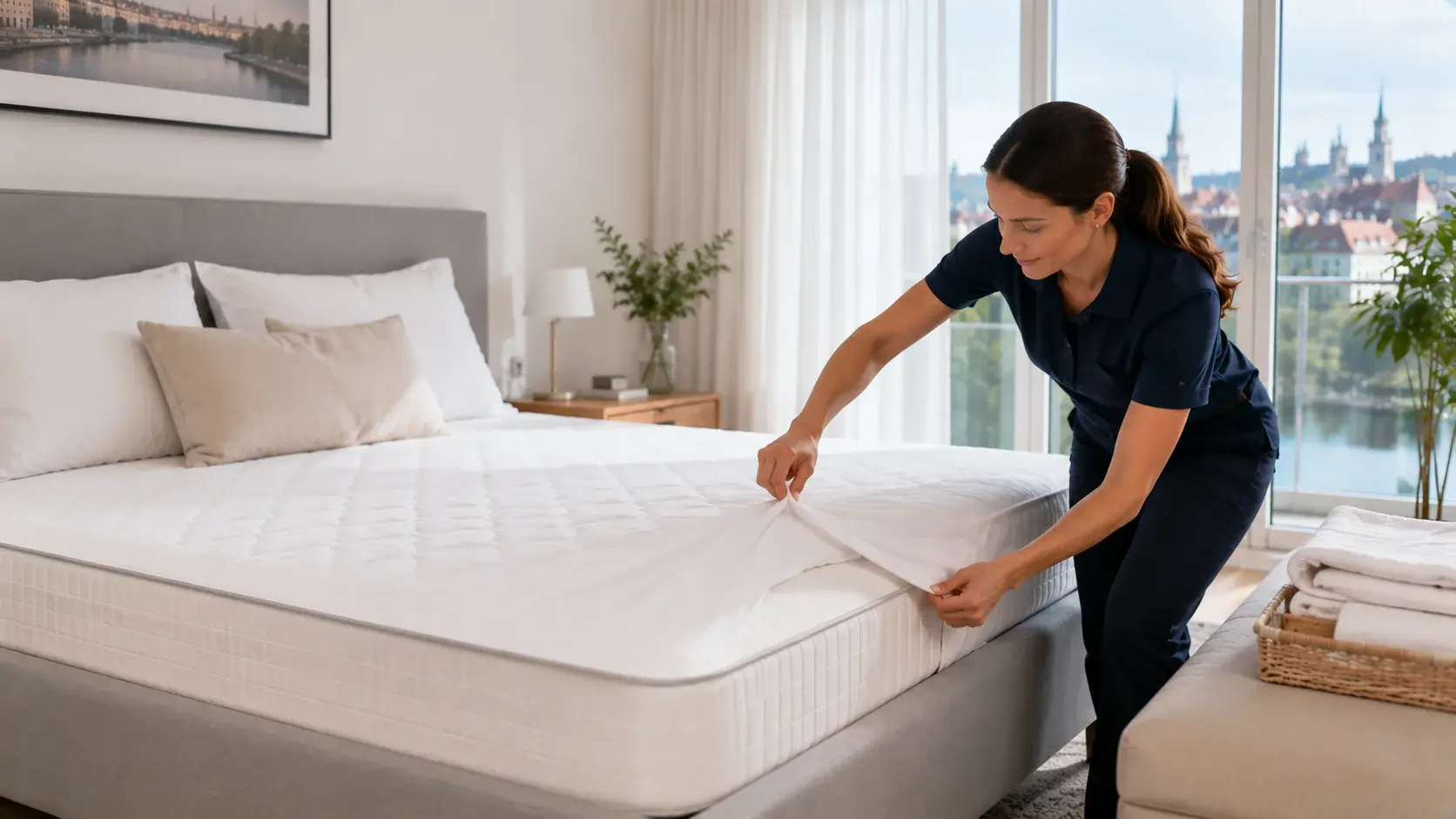 Person zieht atmungsaktiven Matratzenschoner auf ein sauberes Bett in einem modernen Schweizer Schlafzimmer, Fokus auf Hygiene und reduzierte Reinigungshäufigkeit