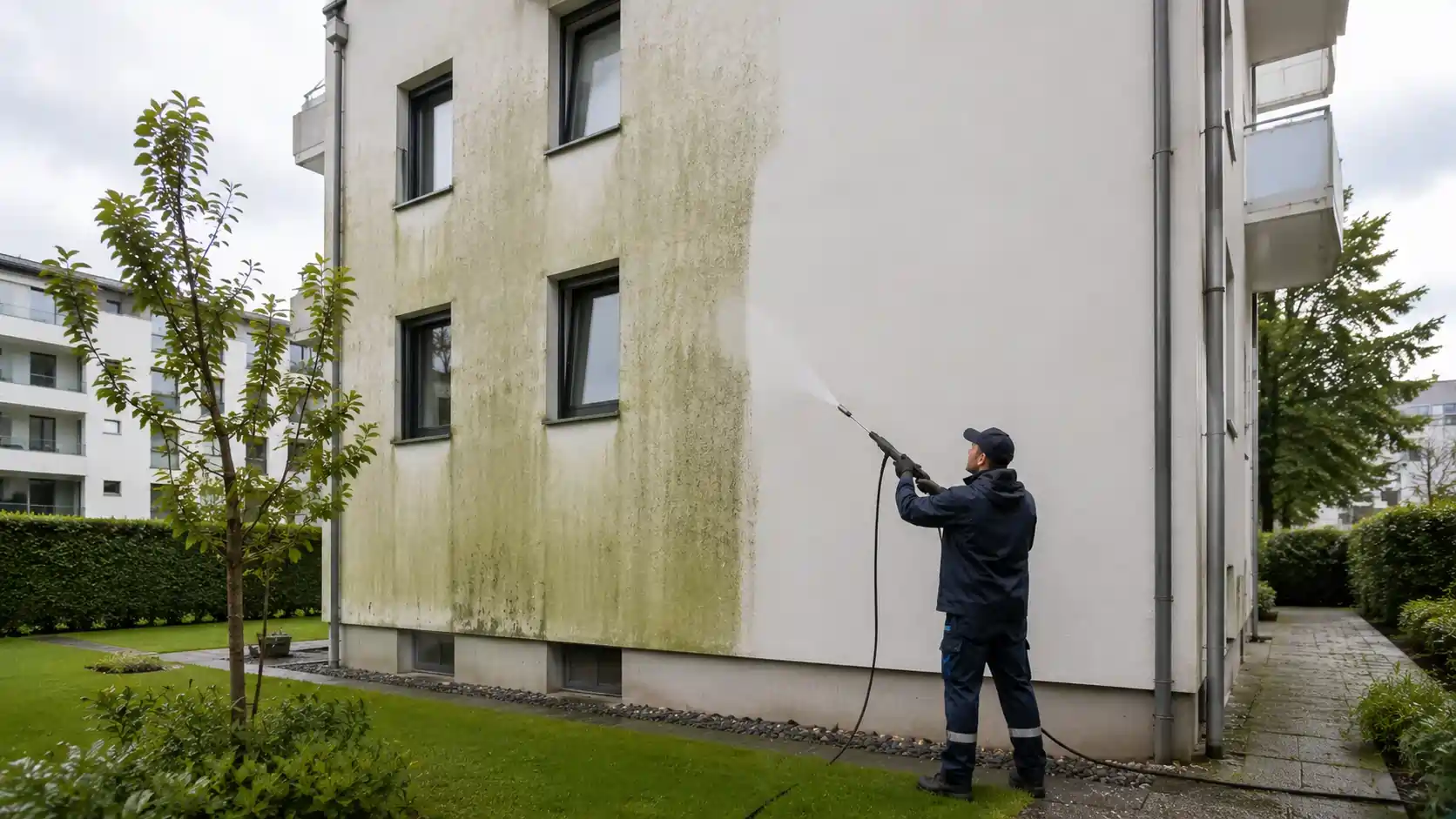 Professionelle Entfernung von Algen auf einer Schweizer Gebäudefassade in Zürich durch schonende und umweltfreundliche Fassadenreinigung.