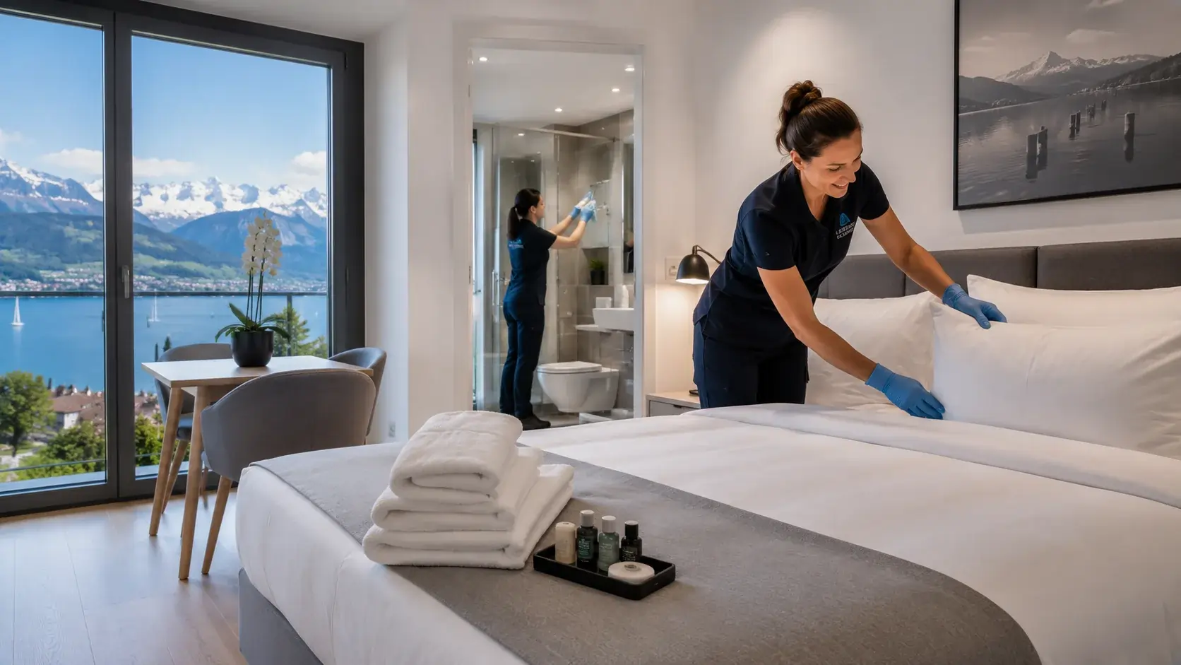 Professionelle Reinigung von Airbnb-Ferienwohnung in Luzern mit frisch gemachter Bettwäsche, desinfiziertem Badezimmer und hotelähnlicher Sauberkeit für ankommende Gäste.