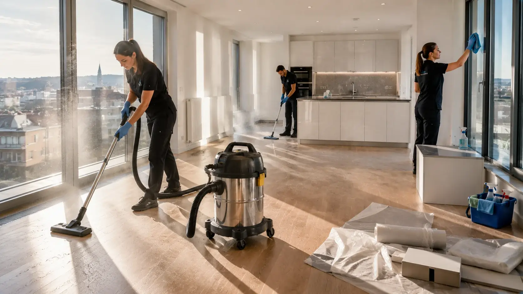 Professionelle Bauendreinigung nach Renovation in Zürich mit Reinigungsteam, das feinen Baustaub in einer modernen Wohnung mit Parkett und grossen Fenstern entfernt