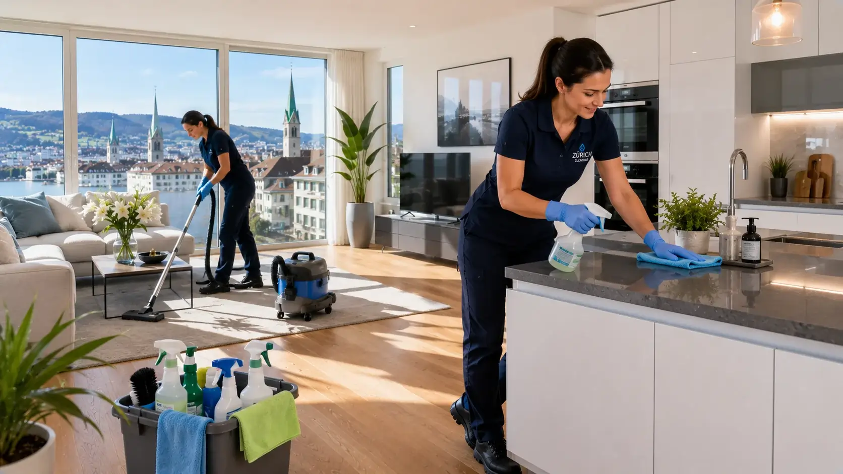 Professionelle regelmässige Reinigung in einer modernen Zürcher Wohnung mit Reinigungskraft beim Staubsaugen und Oberflächenreinigen