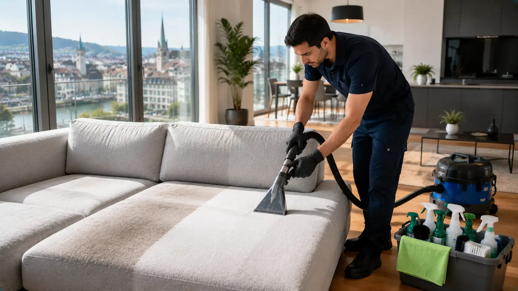 Professionelle Sofareinigung in Zürich mit moderner Polsterreinigungstechnik auf einem Stoffsofa zur Darstellung von Sofareinigung Preisen und Polsterpflege im Jahr 2026.