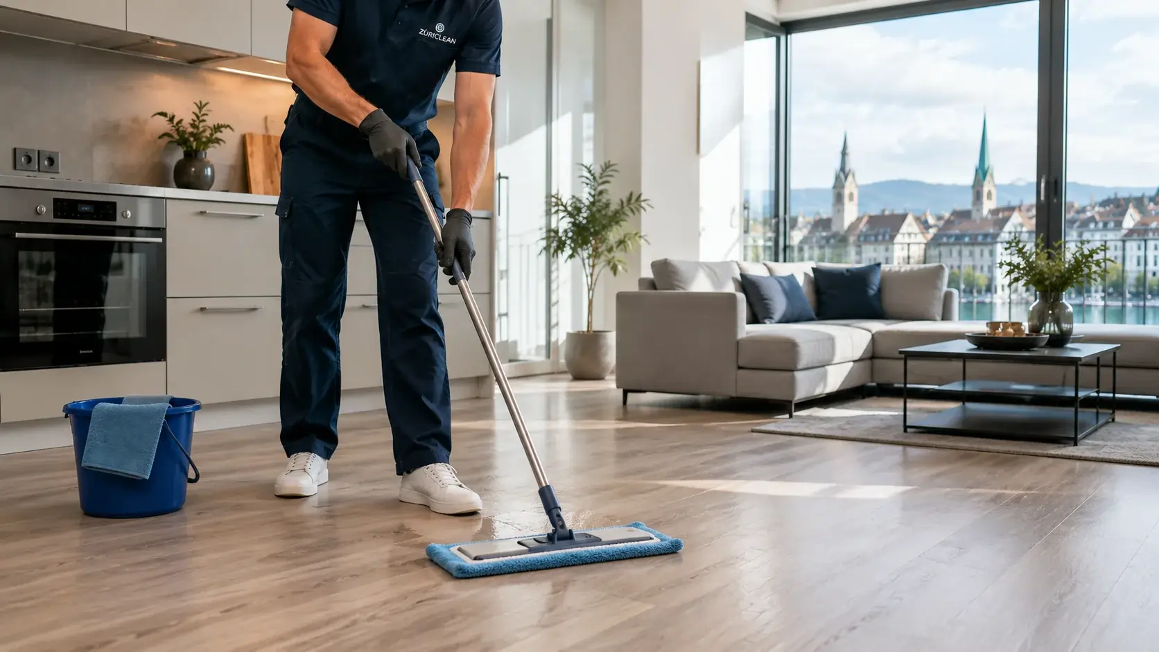 Professional vinyl and LVT floor cleaning in a modern Swiss apartment using a microfiber mop and safe cleaning products in Zurich, Switzerland.