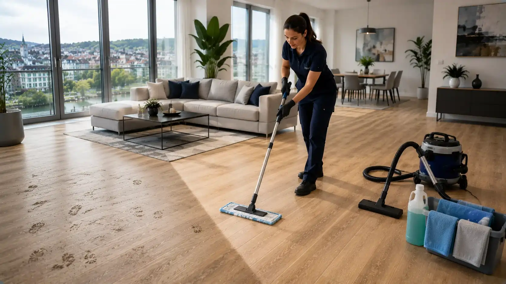 Professional vinyl and LVT floor cleaning in a modern Swiss apartment using a microfiber mop and safe cleaning products in Zurich, Switzerland.
