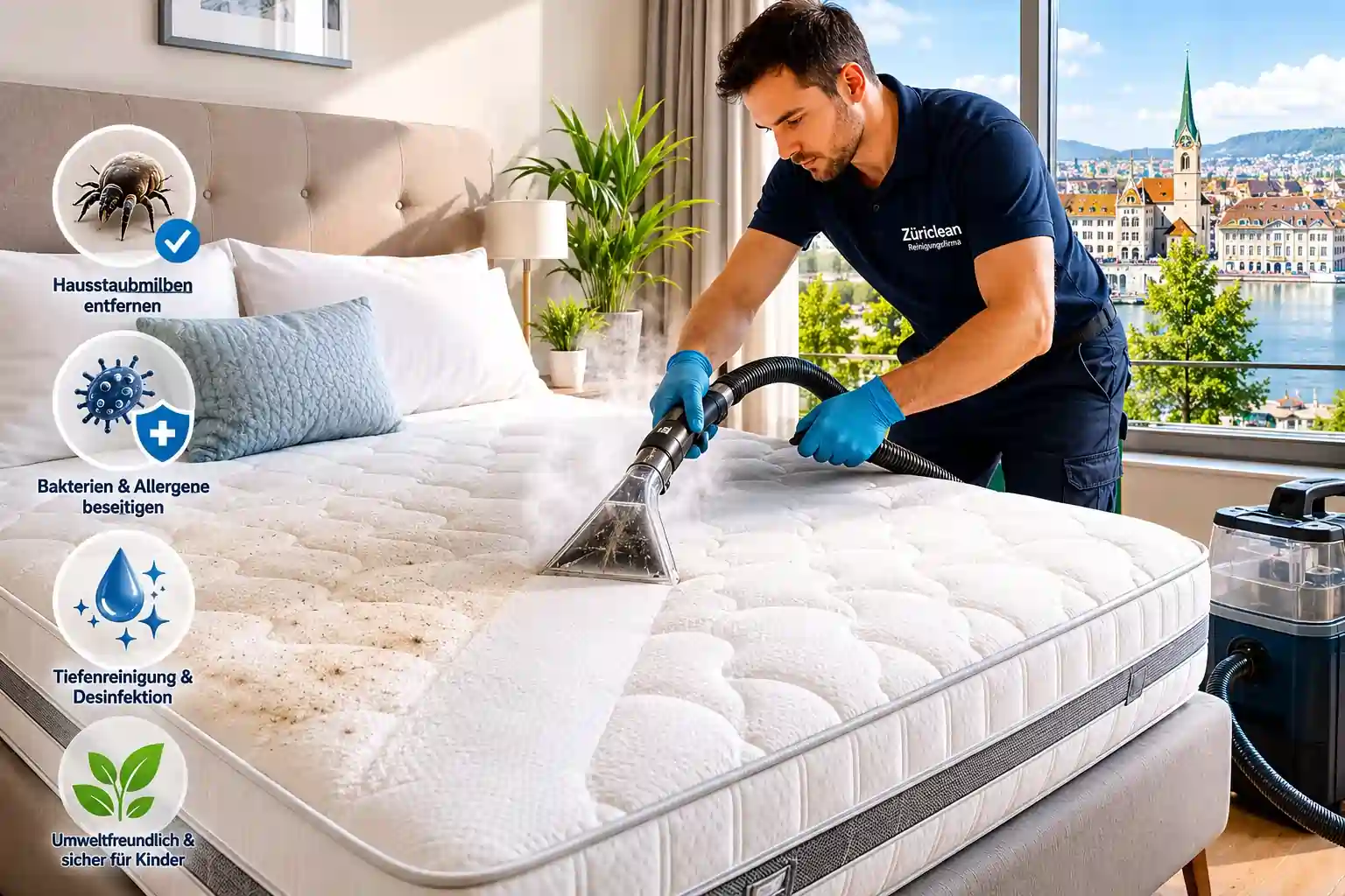 Professionelle Matratzenreinigung in einer Schweizer Wohnung in Zürich mit Tiefenreinigung zur Entfernung von Hausstaubmilben, Allergenen, Bakterien und Flecken.
