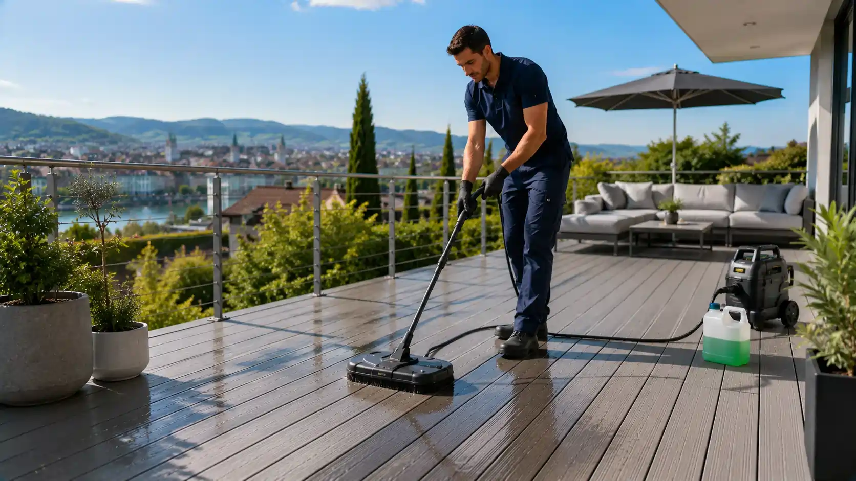 Professionelle Reinigung einer WPC-Terrasse in der Schweiz mit schonender Bürste und kontrolliertem Wasserdruck durch eine Reinigungsfirma in Zürich