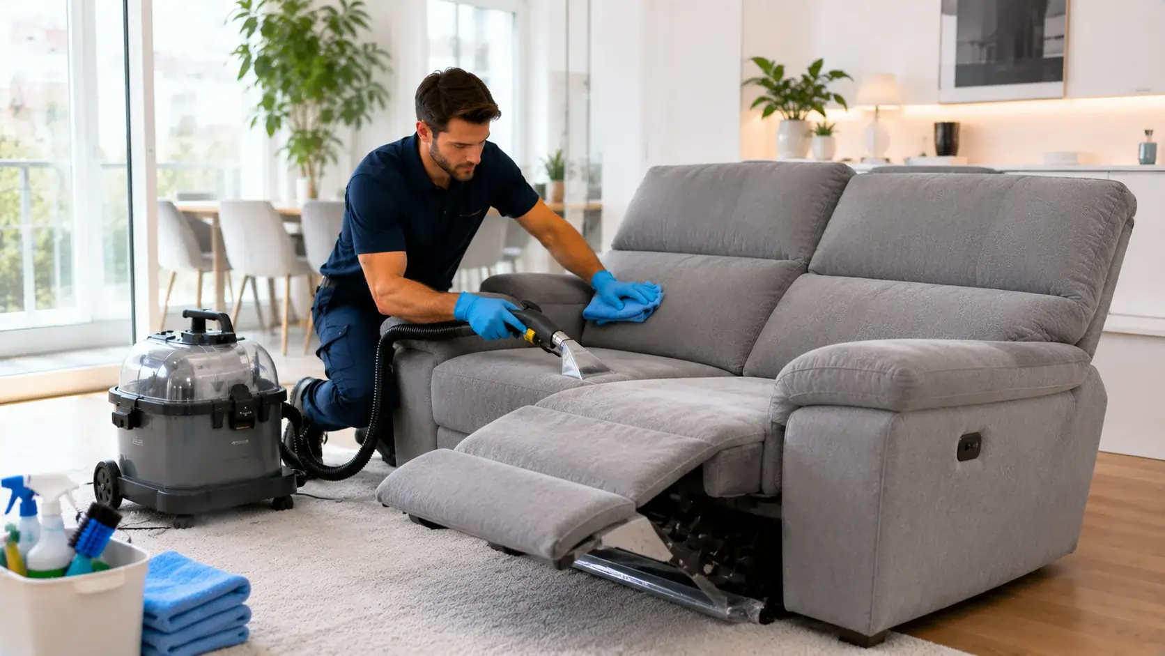 Relaxsofa reinigen mit professioneller Polsterreinigung – sichere Reinigung eines Stoff-Relaxsessels mit geschütztem Verstellmechanismus in einem modernen Wohnzimmer in Zürich.